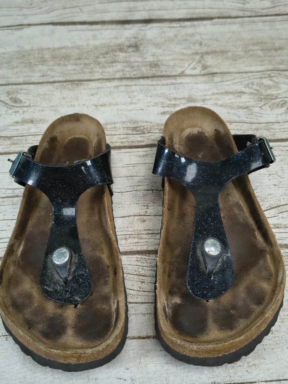 Birkenstock Gizeh Soft Footbed Black Patent Glitter Sandals Size EU 37